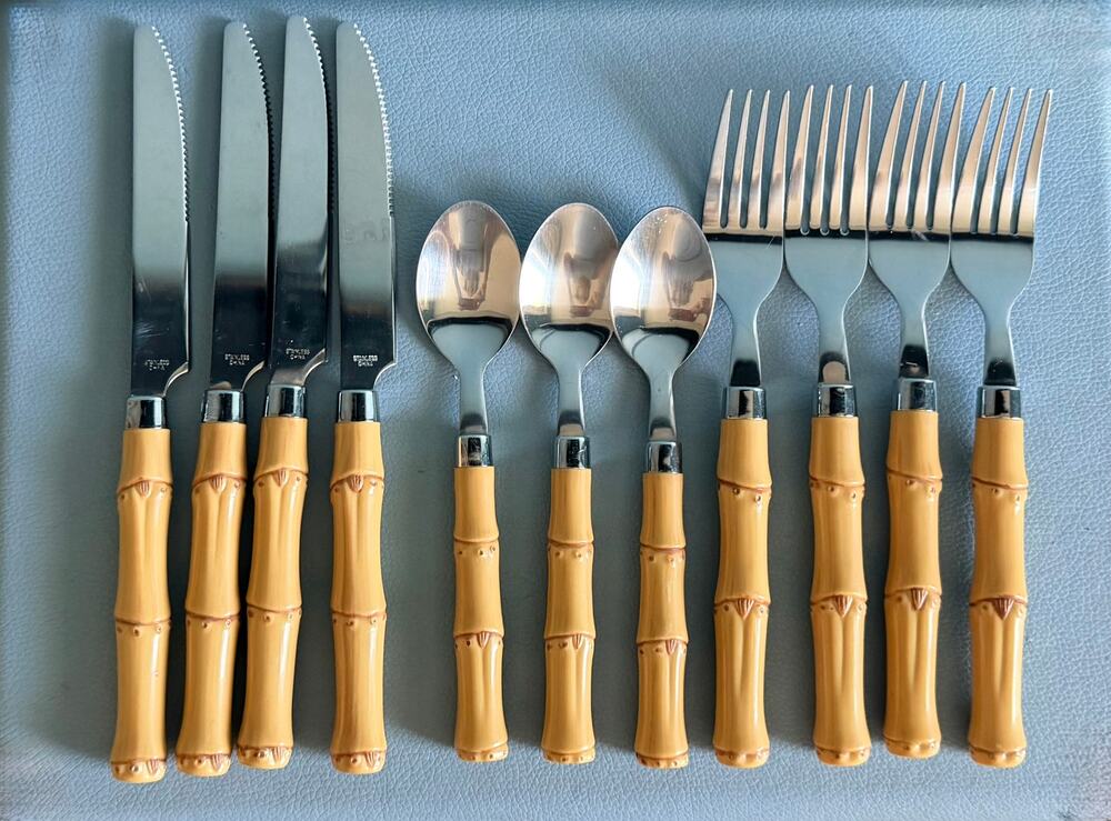 Vintage Faux Bamboo Flatware 11 Pc Set Tiki Acrylic Handle Silverware 1980s